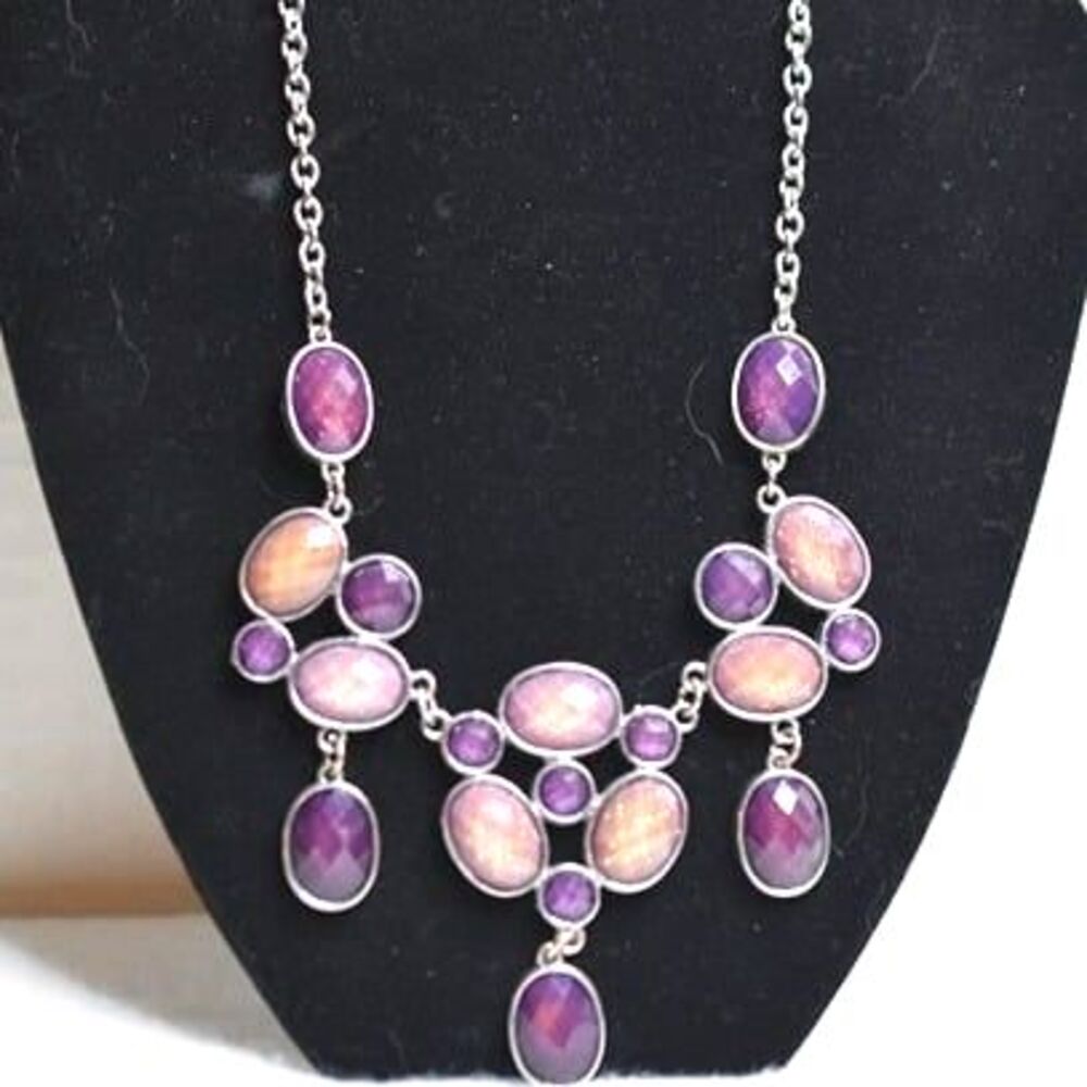 Glittering Statement Purple Beige Sparkle Cut Stone Silver Tone 18" Necklace